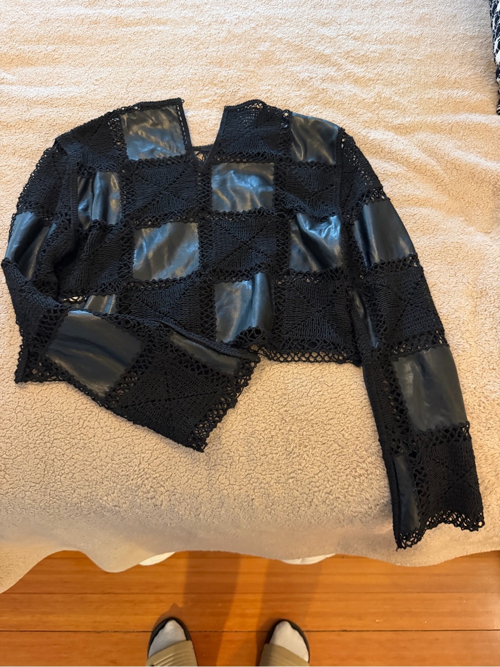 Zara Black Crochet & Faux Leather Patchwork Blazer